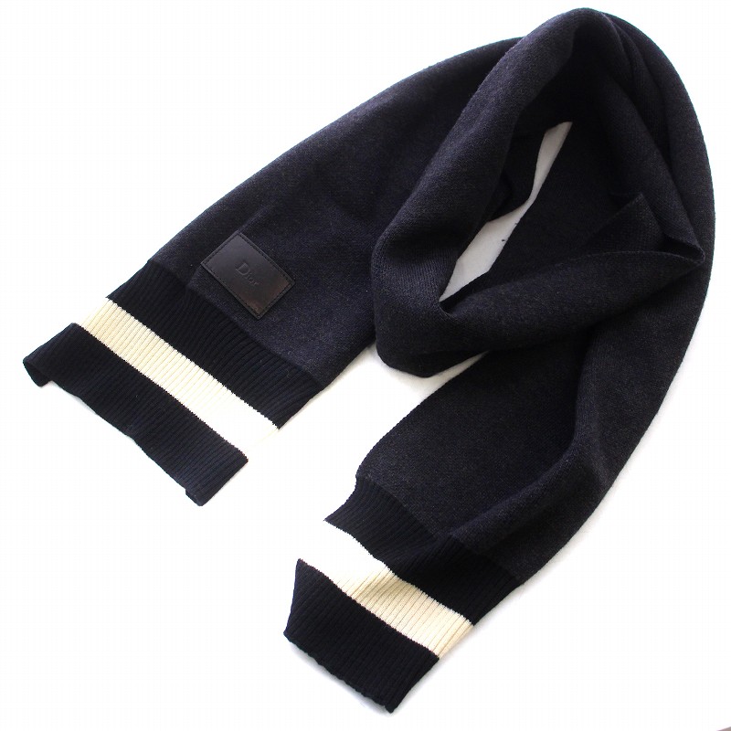 ディオールオム Dior HOMME マフラー ウール レザーロゴパッチ 黒 