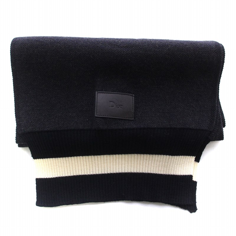 ディオールオム Dior HOMME マフラー ウール レザーロゴパッチ 黒 