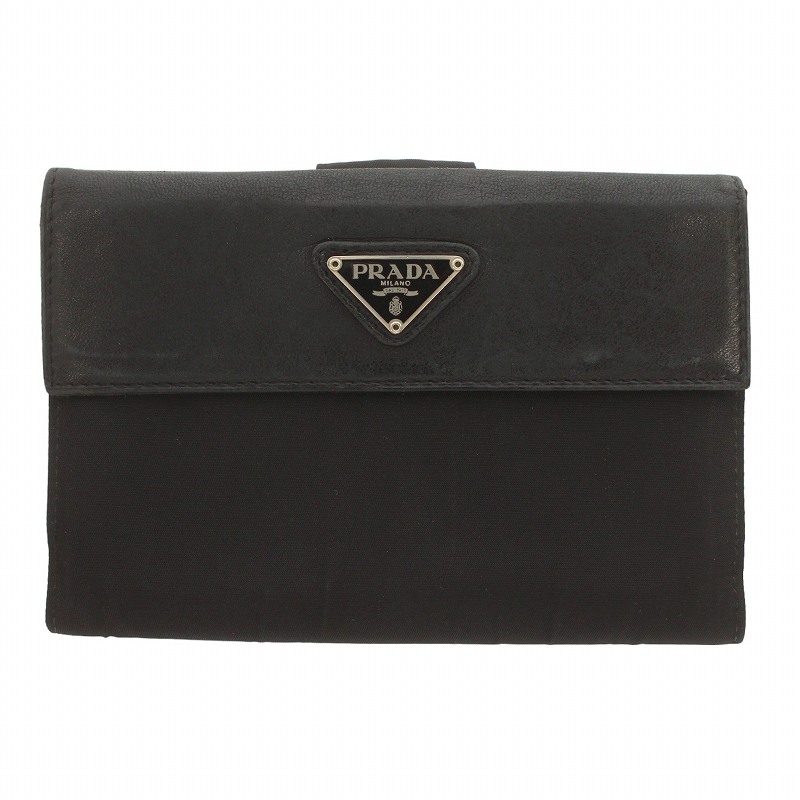 プラダ PRADA 二つ折り財布 ウォレット 三角ロゴ ナイロン レザー 黒  