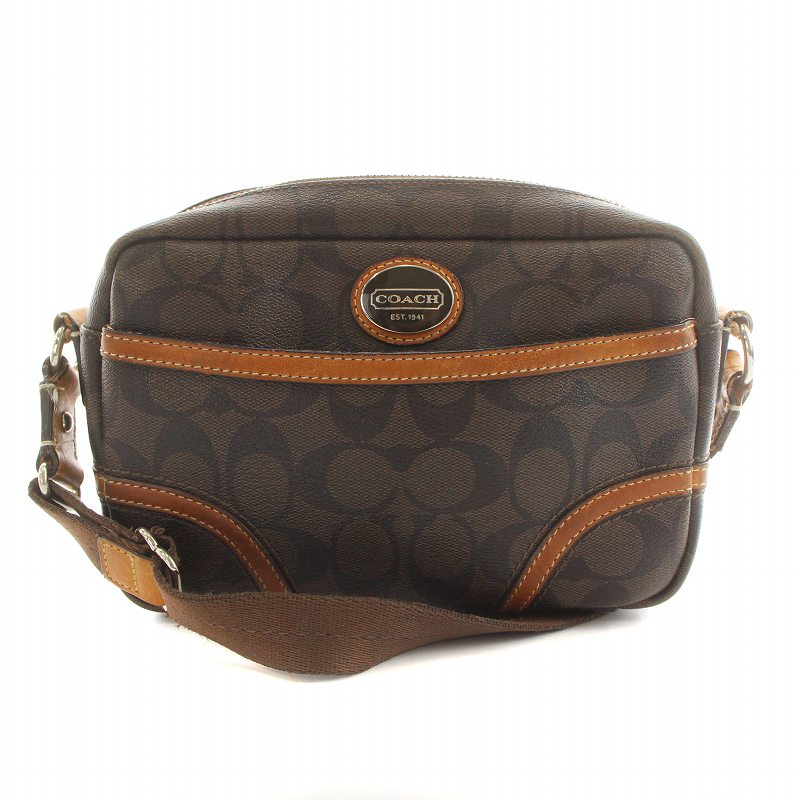 コーチ COACH ショルダー カメラバッグ シグネチャー PVC レザー 茶  