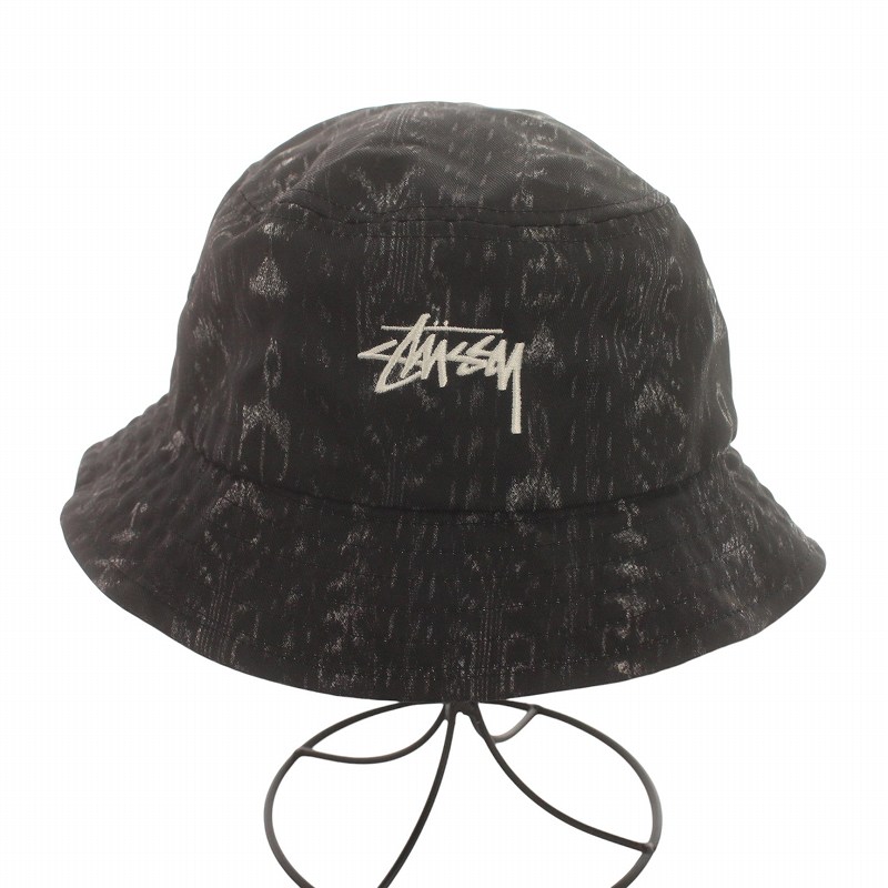 ステューシー STUSSY バケットハット 帽子 バケハ ロゴ 刺繍 総柄 S 黒 