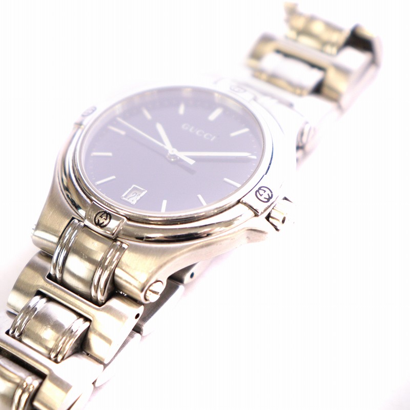 グッチ GUCCI 腕時計 9040M クォーツ デイト ラウンド 黒文字盤 ロゴ