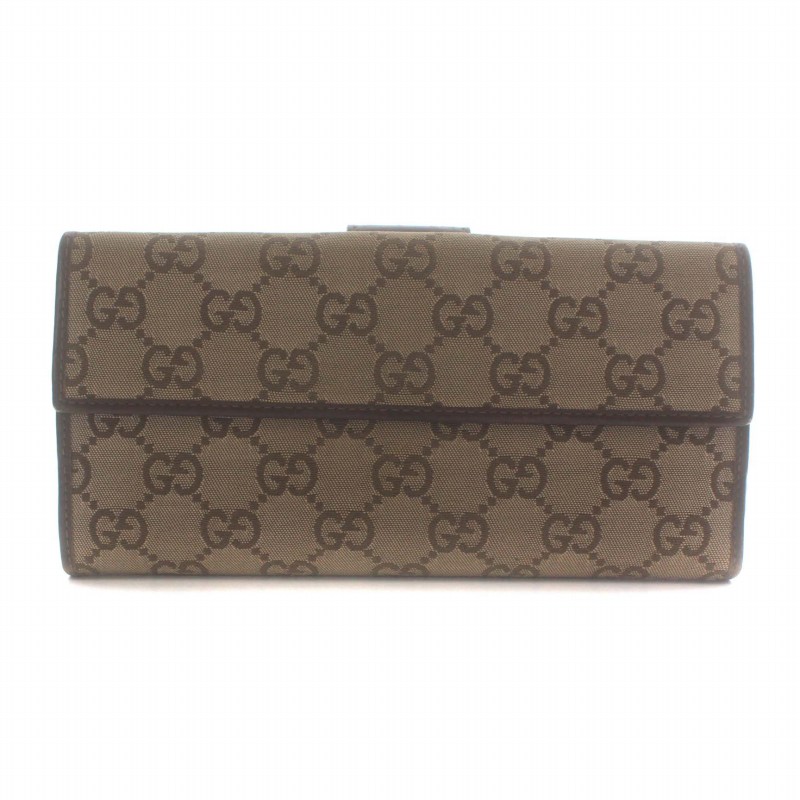 グッチ GUCCI 長財布 二つ折り GGキャンバス レザー ロゴ 総柄 茶色 