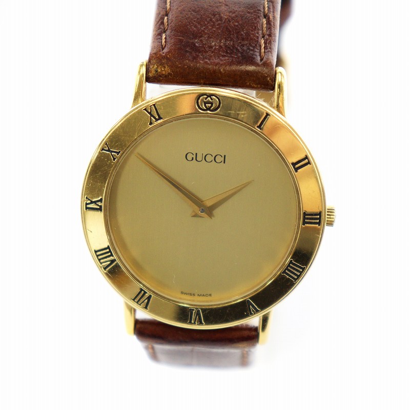 正規【GUCCI/グッチ】GGロゴ　スイス製　2針　ゴールドローマン　ラウンド　リザードベルト/グリーン　QZ　メンズ腕時計　I034 2025年最新GUCCI 腕時計の人気アイテム - メルカリ