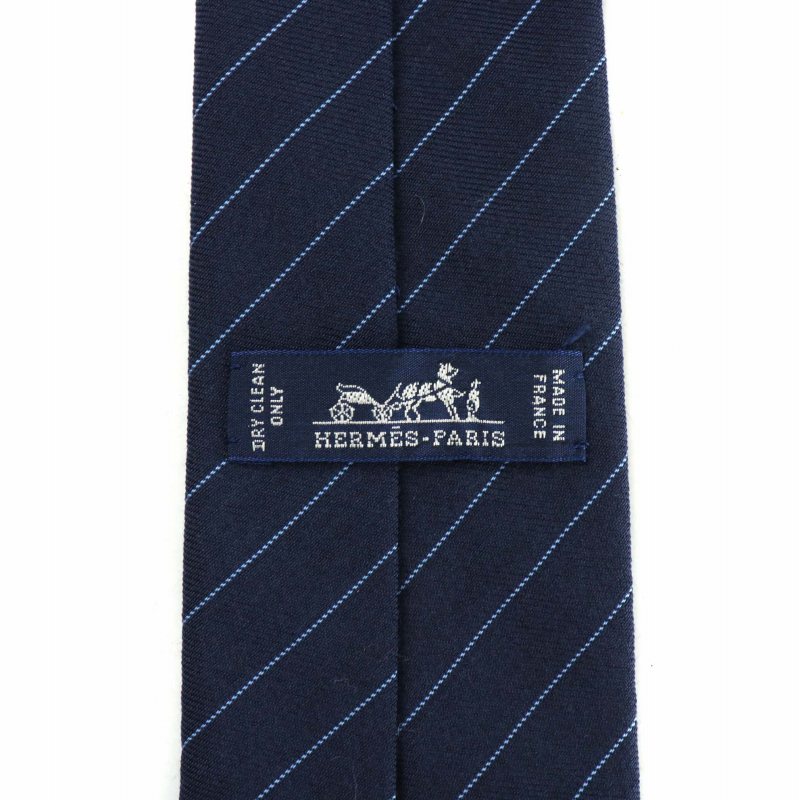【美品】HERMES ネクタイ ネイビー ストライプ エルメス HERMES ネクタイ ウール シルク混 レギュラータイ ストライプ