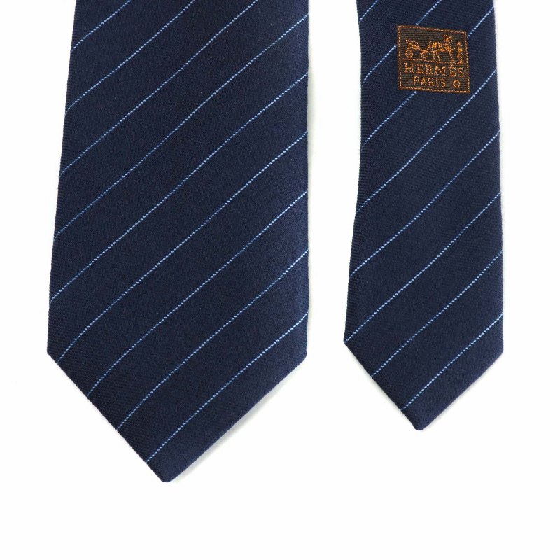 【美品】HERMES ネクタイ ネイビー ストライプ エルメス HERMES ネクタイ ウール シルク混 レギュラータイ ストライプ