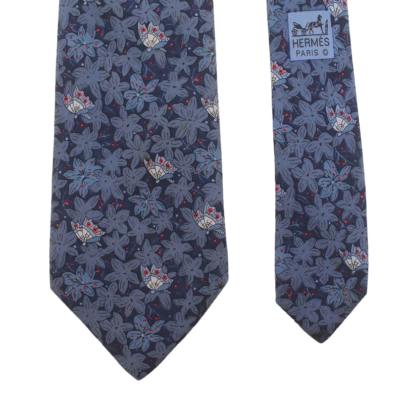 エルメス ネクタイ 絹 シルク レギュラータイ 花柄 総柄 ロゴ 黄色 紫
