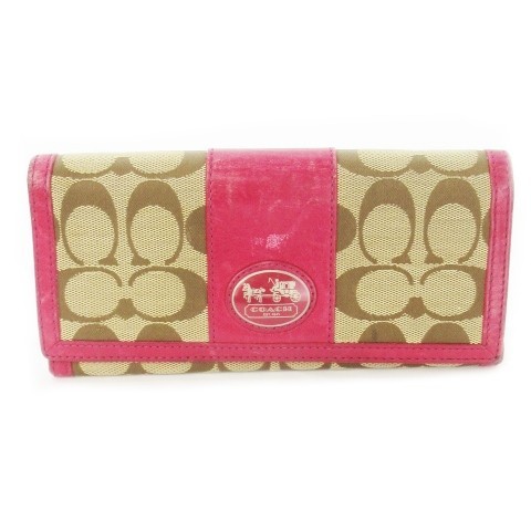 コーチ COACH 長財布 キャンバス ピンク 茶 ブラウン シグネチャー