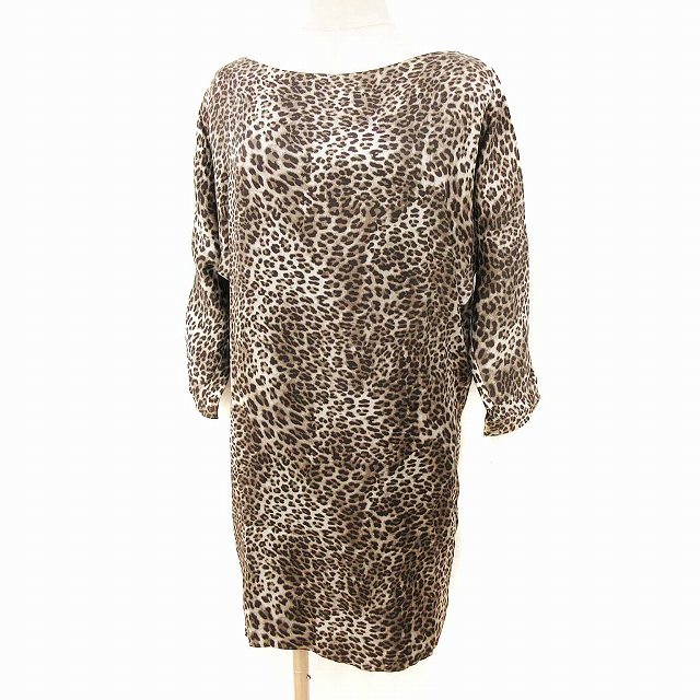 ジョセフ Joseph ワンピース ひざ丈 七分袖 ドルマン ボートネック ヒョウ柄 レオパード シルク 茶系 ブラウン 38 レディース 166 ベクトルパーク