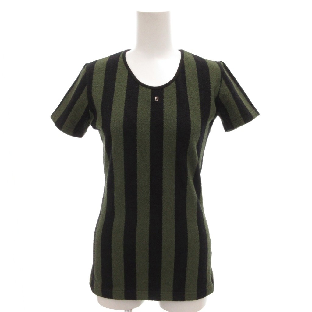【中古】フェンディ FENDI ヴィンテージ カットソー ペカン ストライプ パイル地 ロゴ 半袖 42 グリーン ブラック フェンディ FENDI ヴィンテージ Tシャツ カットソー ペカン ストライプ
