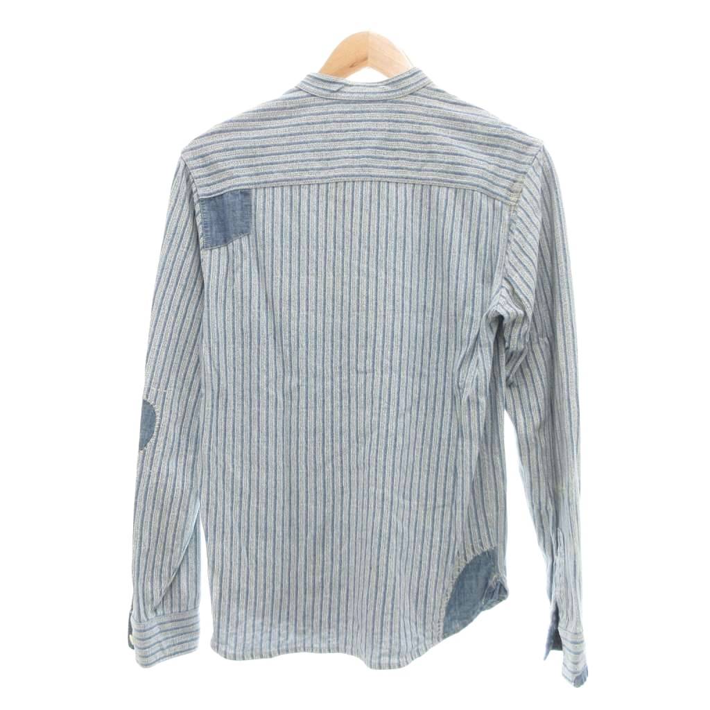 【中古】ダブルアールエル RRL リペア ヘンリーネック バンドカラーシャツ 麻 リネン ストライプ 長袖 XS 青 ブルー ダブルアールエル RRL リペア ヘンリーネック バンドカラーシャツ 麻