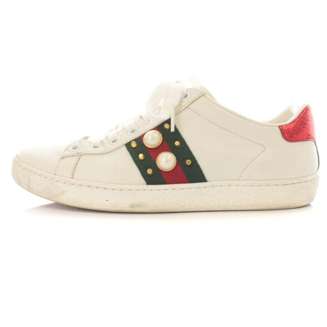 グッチ GUCCI ACE シェリーライン スニーカー パール レザー スタッズ 