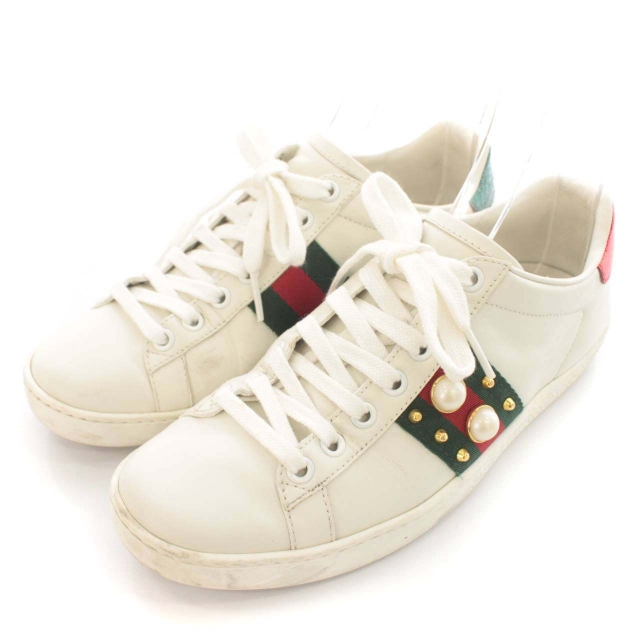グッチ GUCCI ACE シェリーライン スニーカー パール レザー スタッズ 