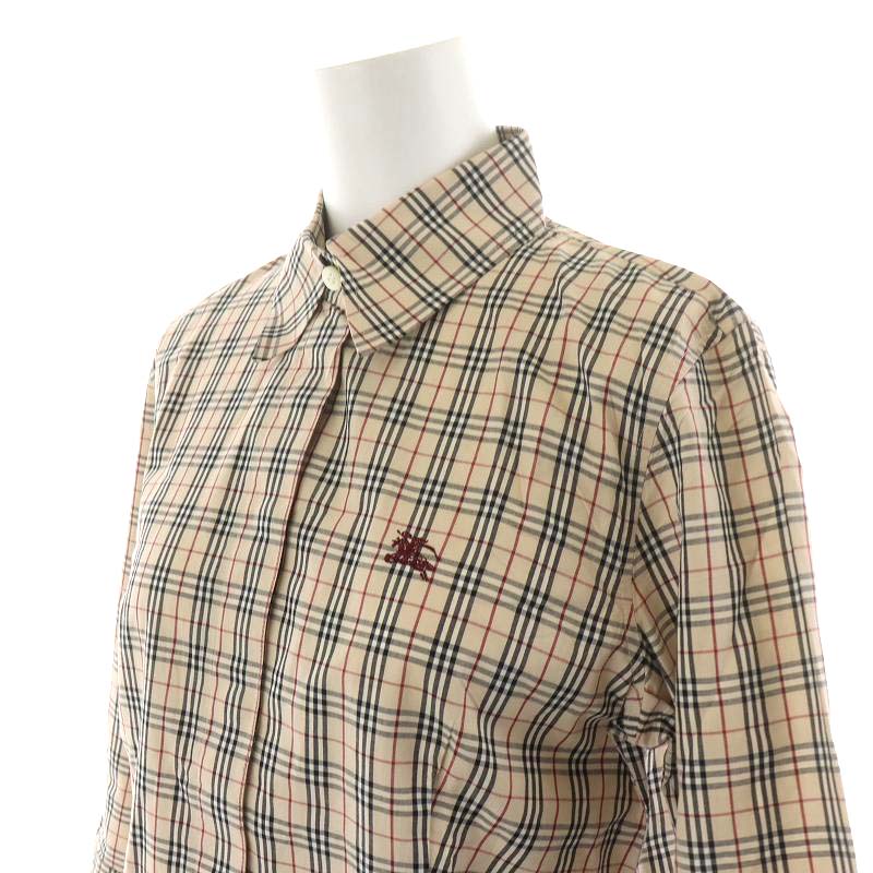 バーバリーブルーレーベル BURBERRY BLUE LABEL ノバチェック ブラウス シャツ 7分袖 コットン 38 M ベージュ 黒