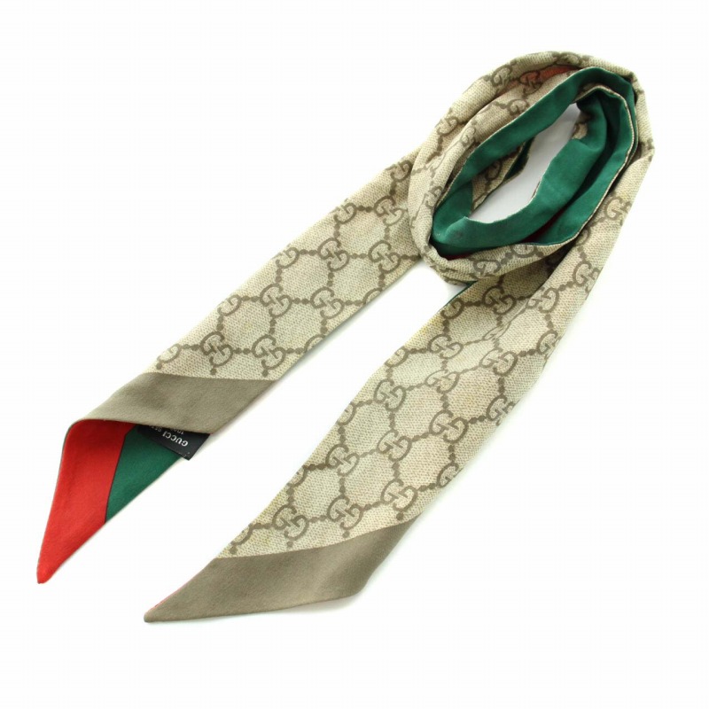 グッチ GUCCI スカーフ GG柄 シェリーライン 絹 シルク ベージュ 赤 