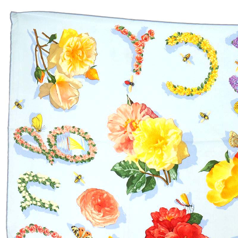 グッチ GUCCI スカーフ 花柄 蝶 シルク 絹 マルチカラー 水色