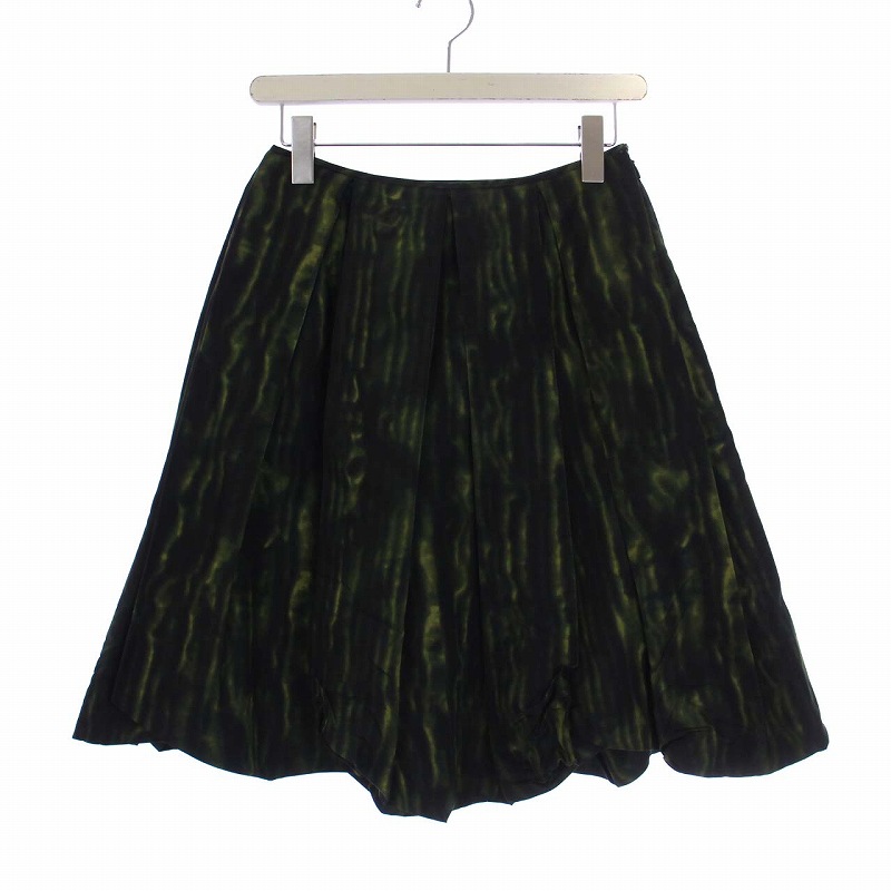 プラダ PRADA フレアスカート ひざ丈 プリーツ 総柄 38 S 緑 グリーン  