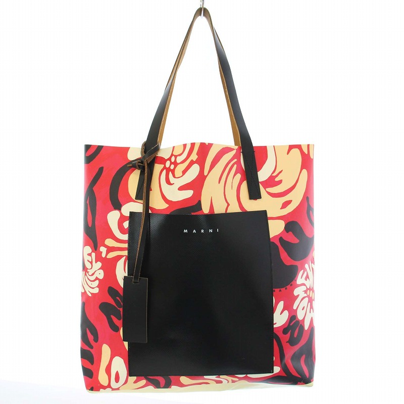 マルニ MARNI PVCトートバッグ 総柄 カウレザー 牛革 切替 A4 赤  