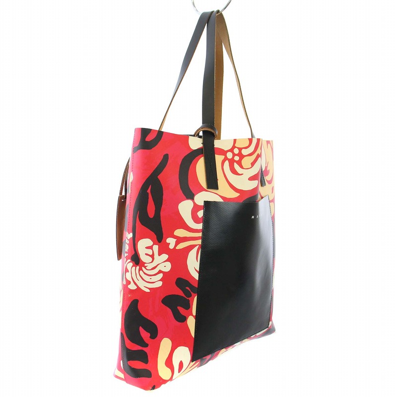 マルニ MARNI PVCトートバッグ 総柄 カウレザー 牛革 切替 A4 赤  