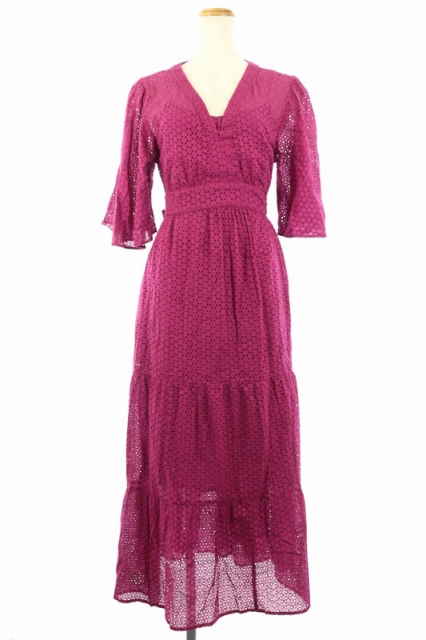 ヌキテパ Ne Quittez Pas ワンピース ロング 半袖 レース フレア ティアード キャミソール付き ウエストリボン ピンク ラズベリー Es レディース 169 ベクトルパーク