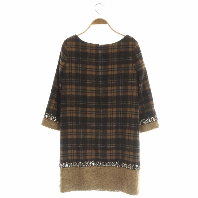 グレースコンチネンタル Grace Continental チェックワンピース ウール アンゴラ混 ビシュー ひざ丈 長袖 36 茶 ブラウン キャメル Hs レディース 169 ベクトルパーク