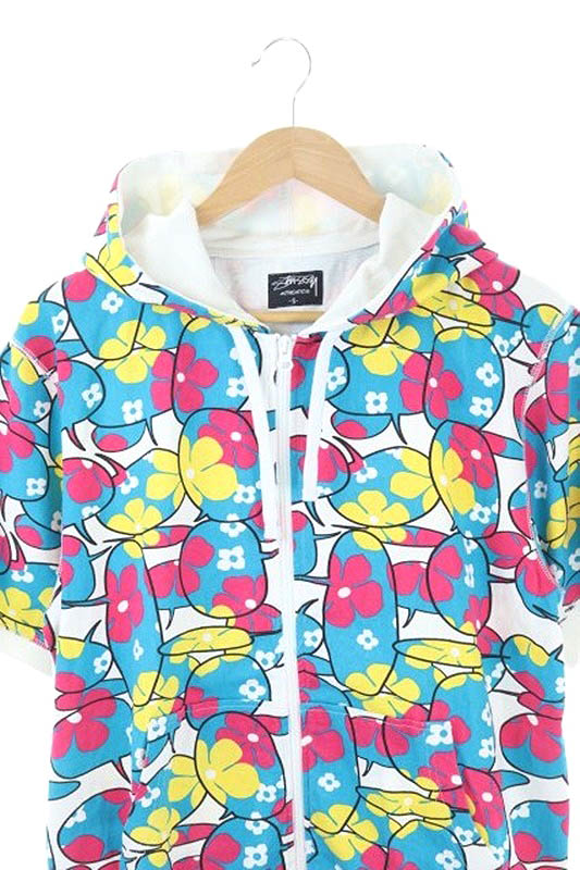 ステューシー STUSSY AUTHENTIC パーカー ジップアップ 半袖 花柄 S 青 