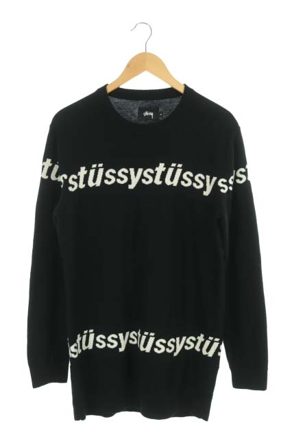 ステューシー STUSSY ニット セーター クルーネック ロゴ 長袖 M 黒 