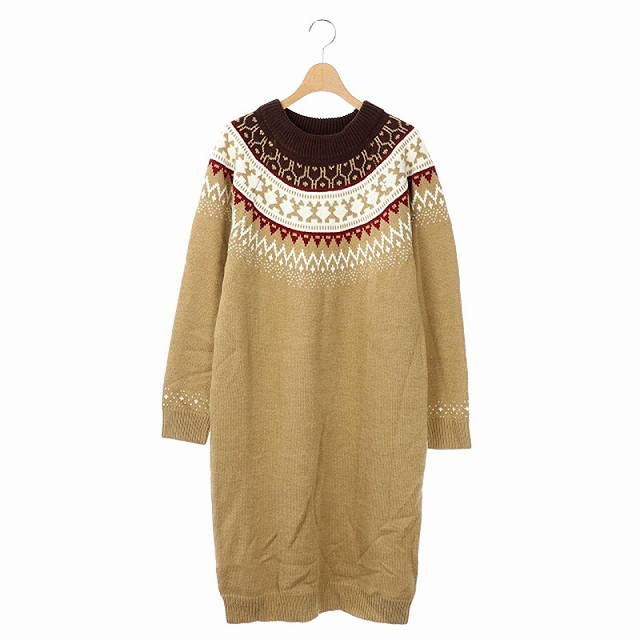 マウジー Moussy ニット セーター ワンピース 長袖 ノルディック柄 ウール F 茶 白 赤 Sa レディース 169 ベクトルパーク