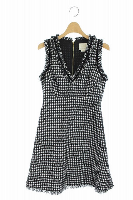 ケイトスペード Kate Spade ワンピース ツイード ノースリーブ 台形 ミニ 千鳥格子 ラメ フリンジ Vネック 0 黒 白 Njmua187 Os レディース 170 ベクトルパーク