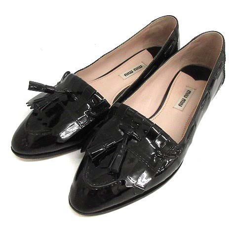 ミュウミュウ miumiu ローファー タッセル エナメル 37.5 ブラック 黒 