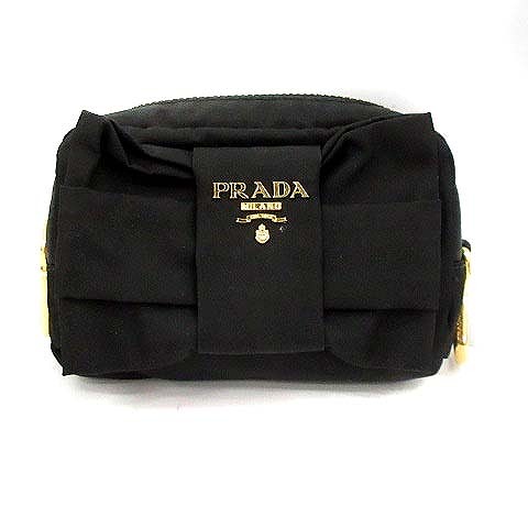 プラダ PRADA ポーチ 小物入れ ミニ リボン ナイロン 黒 ブラック 