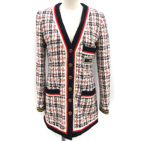 グッチ GUCCI 18AW ジャケット ノーカラー ツイード ロゴパッチ リネン  