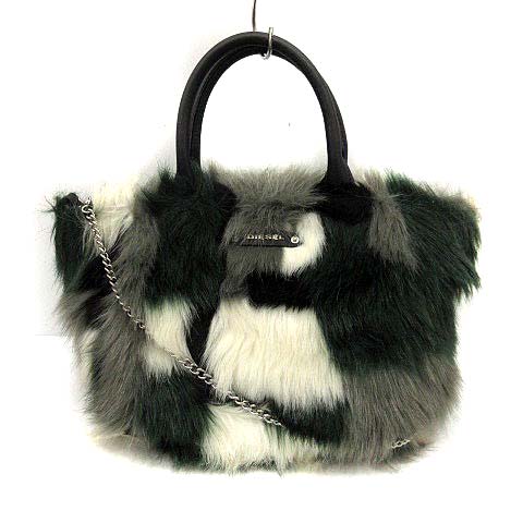 ディーゼル DIESEL バッグ ハンド ショルダー 2way ファー 総柄 黒 白  