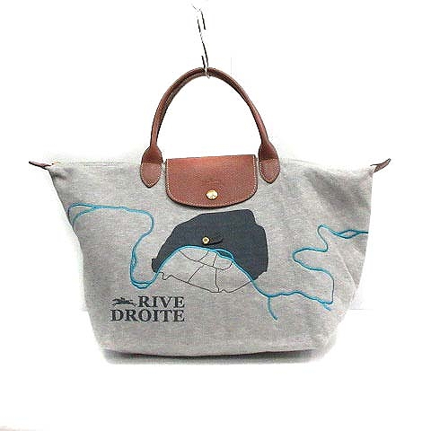 LONGCHAMPグレー 花柄刺繍 ハンドバッグ ロンシャン LONGCHAMP ハンドバッグ トート 刺繍 プリント プリ