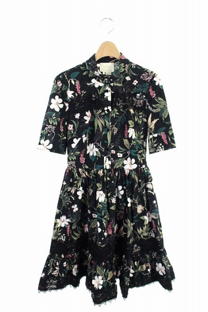 ケイトスペード Kate Spade ワンピース 膝丈 五分袖 ボタニカル柄 4 黒 Njmu Hh Os レディース 170 ベクトルパーク