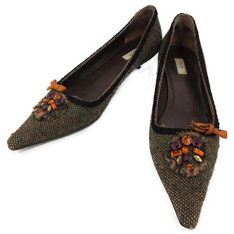 プラダ PRADA パンプス ポインテッドトゥ ビジュー ツイード  