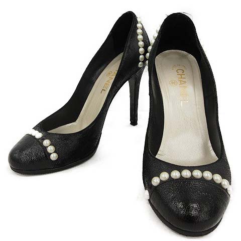 シャネル CHANEL パンプス ハイヒール ココマーク パール 38.5 黒 