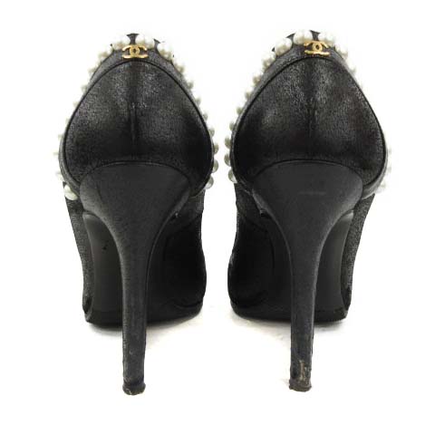 シャネル CHANEL パンプス ハイヒール ココマーク パール 38.5 黒 