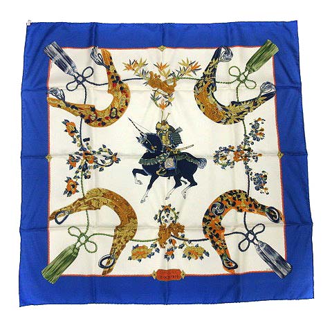 エルメス HERMES カレ90 スカーフ シルク サムライ 侍 SAMOURAI 青 