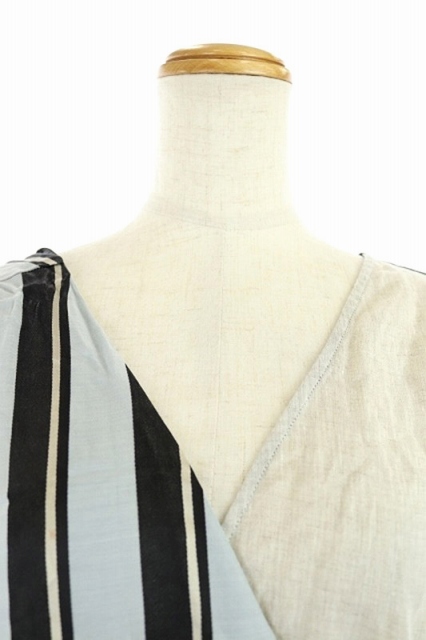 テラ Tela ワンピースカシュクール ラップ ロング ノースリーブ アシンメトリー ストライプ リネン I40 黒 水色 ベージュ Es Os レディース 170 ベクトルパーク