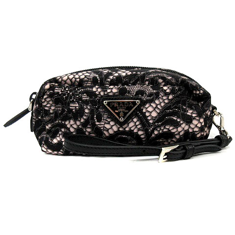 プラダ PRADA ポーチ レース柄 ピンク 黒 ブラック 1NE175 /SR17  