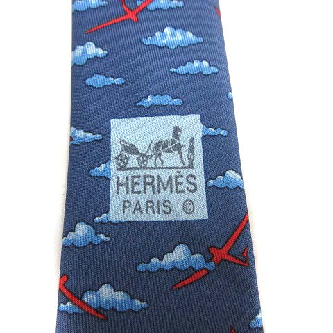 エルメス HERMES ネクタイ 雲モチーフ 飛行機モチーフ シルク 青
