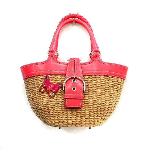 コーチ COACH かごバッグ ハンド レザー ストロー ベージュ ピンク 