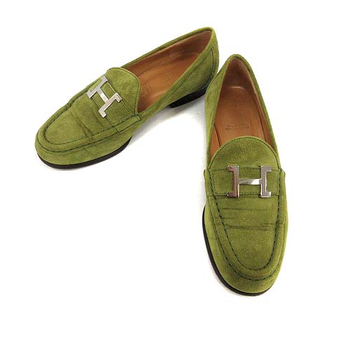 エルメス HERMES ローファー コンスタンス Hバックル スエード 36 緑 