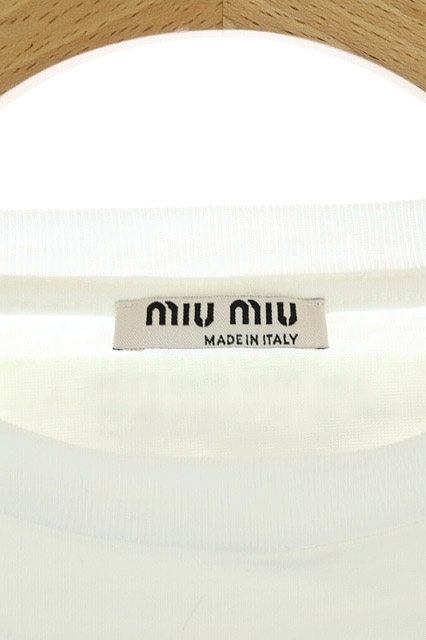 Sサイズ★ミュウミュウ 半袖 Tシャツ カットソー ロゴ エンブロイダリー 白 miu ミュウミュウ Tシャツ MIU レディース ラインストーン