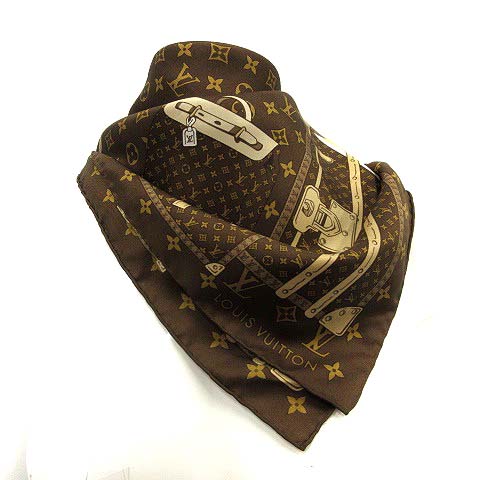 ルイヴィトン LOUIS VUITTON スカーフ シルク トランク柄 ロゴ 茶 