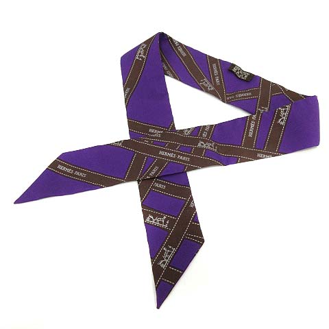エルメス HERMES ツイリースカーフ ボルデュック リボン シルク 紫 茶  