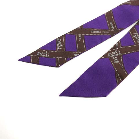 エルメス HERMES ツイリースカーフ ボルデュック リボン シルク 紫 茶  