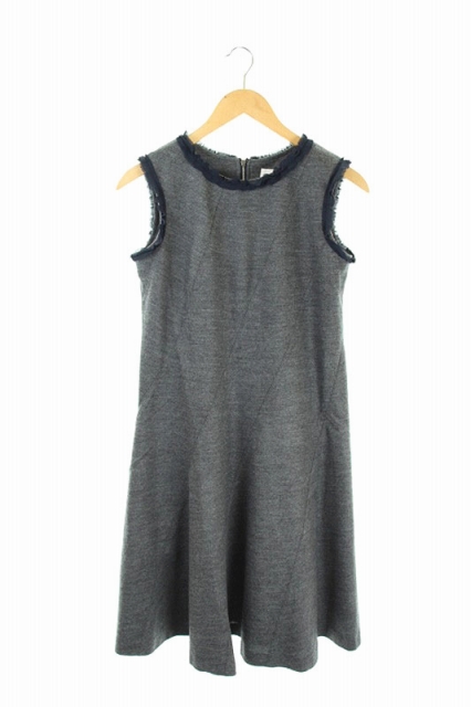 ランバンオンブルー Lanvin En Bleu ワンピース ノースリーブ フレア 膝丈 フリル クルーネック 38 グレー 紺 Os レディース 170 ベクトルパーク