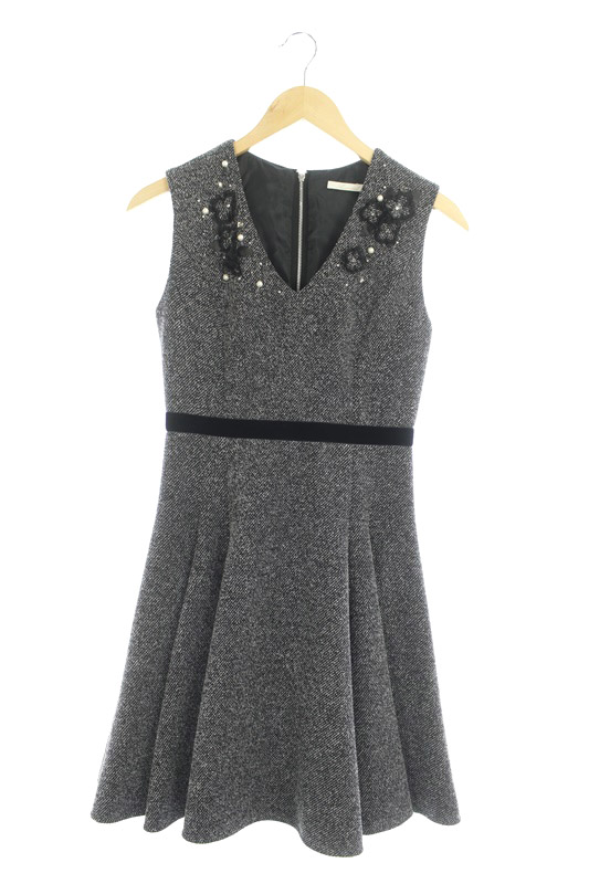 アベニールエトワール Aveniretoile 17aw ワンピース フレア ツイード フラワー装飾 パール装飾 ひざ丈 ノースリーブ 34 黒 白 Kn Os レディース 170 ベクトルパーク